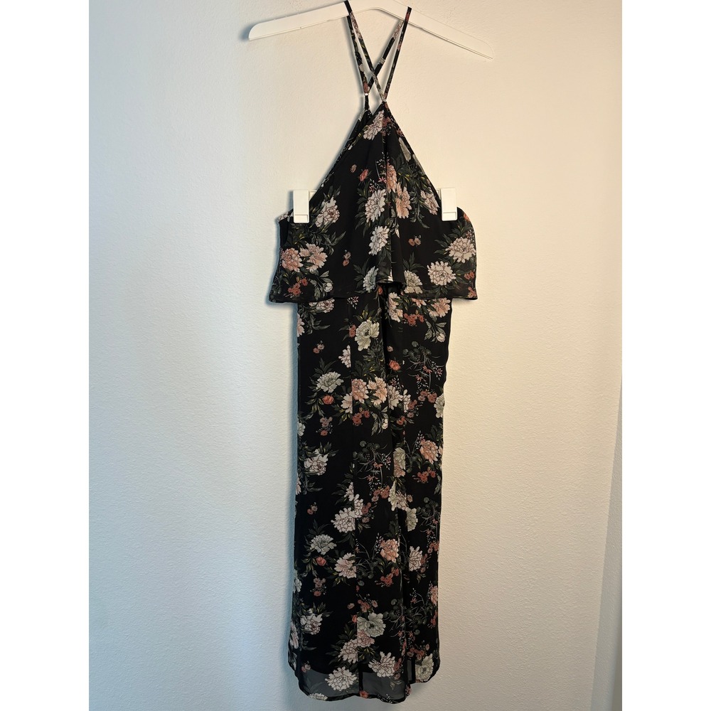 Lumiere‎ Black Floral Halter Midi Dress Ruffle Popover Chiffon Wedding Guest M